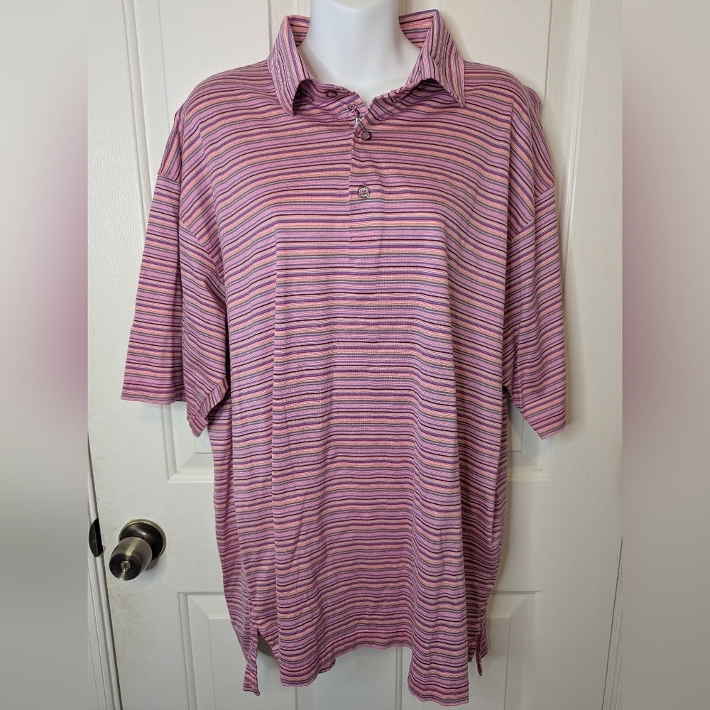 Bobby Jones Polo Golf Shirt Pink Multicolor Striped Collared‎ Short Sleeve, XL